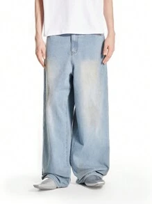 Chillumni Men's Light Blue Washed Faded Baggy Jeans - Light Wash - View 7