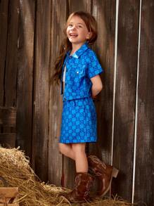 SHEIN Conjunto de blusa de manga corta con cuadros y bolsillo con botones y falda con estilo coreano para niñas, primavera/verano - Azul - Ver 6