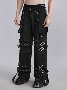 ROMWE MEN Grunge Punk Punk Style Detachable Overalls Men's Jeans - Black - View 6