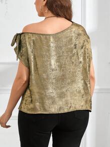 SHEIN Clasi Blusa de manga corta con nudo de talla grande en color dorado, camisas de mujer - Dorado - Ver 2