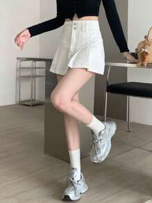 DAZY Solid Pleated Detail Denim Skirt Jeans Skirt