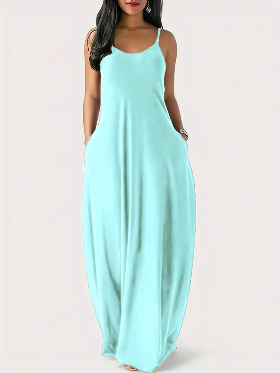 INAWLY Váy dây đeo spaghetti màu thường ngày mùa hè dành cho nữ - Màu xanh nhạt - Xem 1