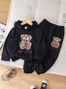 2pcs Young Boys' Casual Loose Fit Hooded Black Sweatshirt And Pants Set Featuring Cute Bear & English Print, Suitable For Travel, School, Spring, Autumn And Winter