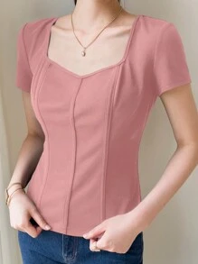 Mulvari Women's Summer Solid Color Sweetheart Neck Short Sleeve Casual T-Shirt