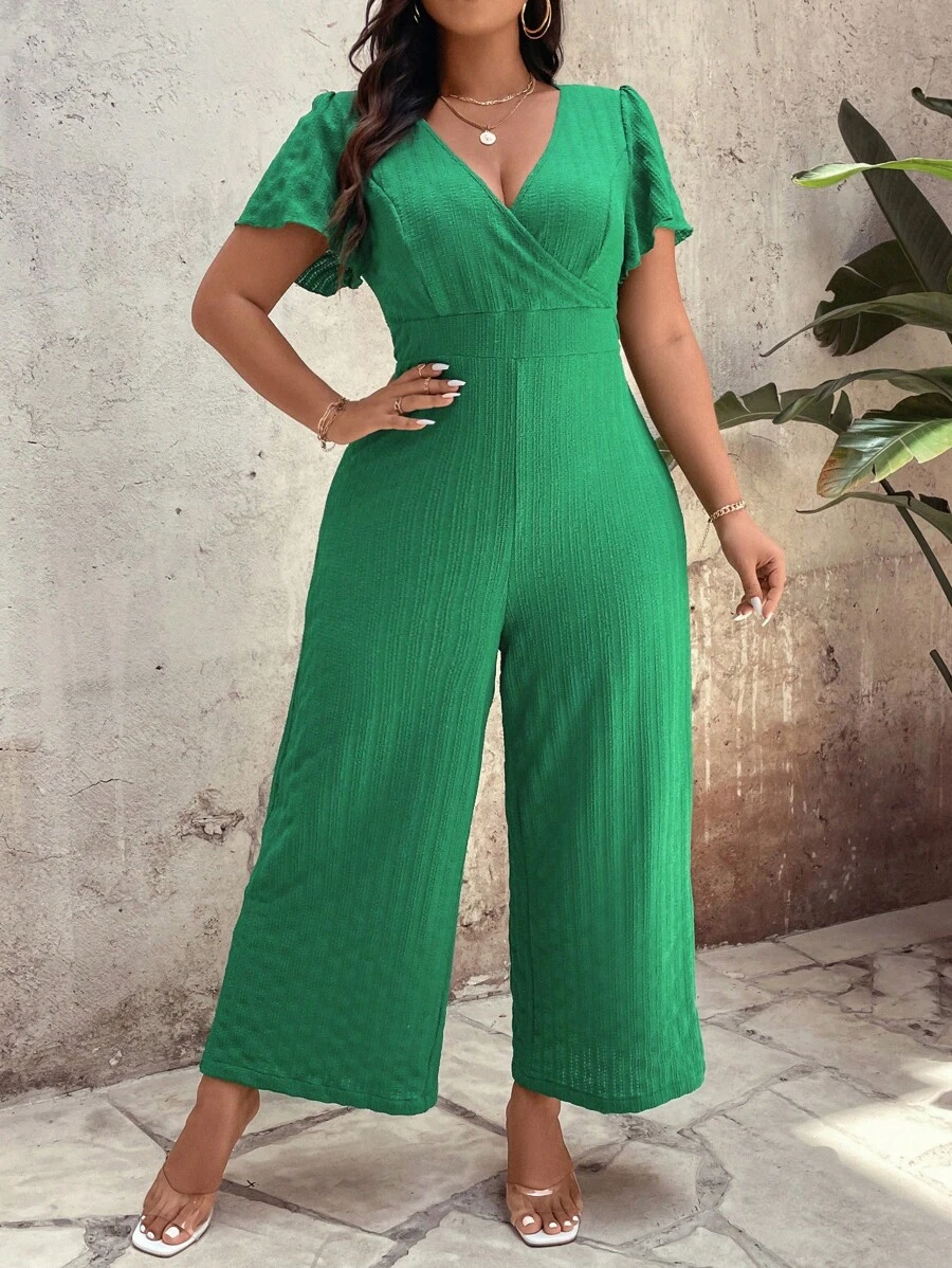 SHEIN Clasi Plus Size Women's Solid Color Casual Short Sleeve Jumpsuit For Daily Wear - Green - View 1