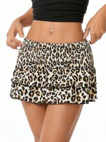SHEIN EZwear Elastic Waist Leopard Print Women's Cake Skirt - Brown - View 4