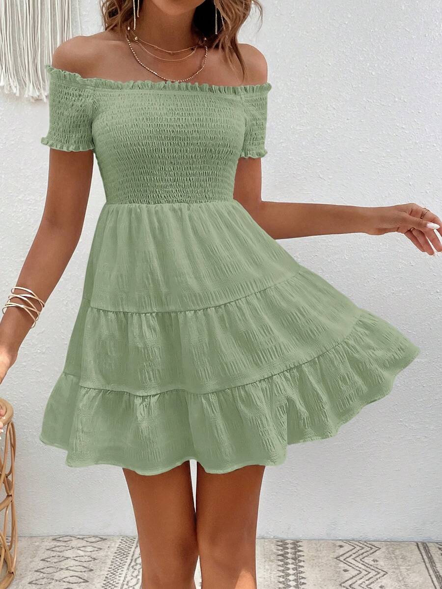 SHEIN VCAY Off Shoulder Ruffle Hem Solid Summer Dress - Mint Green - View 1