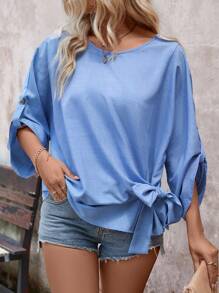 SHEIN LUNE Solid Color Round Neck Mid-Flip Sleeve Shirt With Front Tie - Blue - View 7