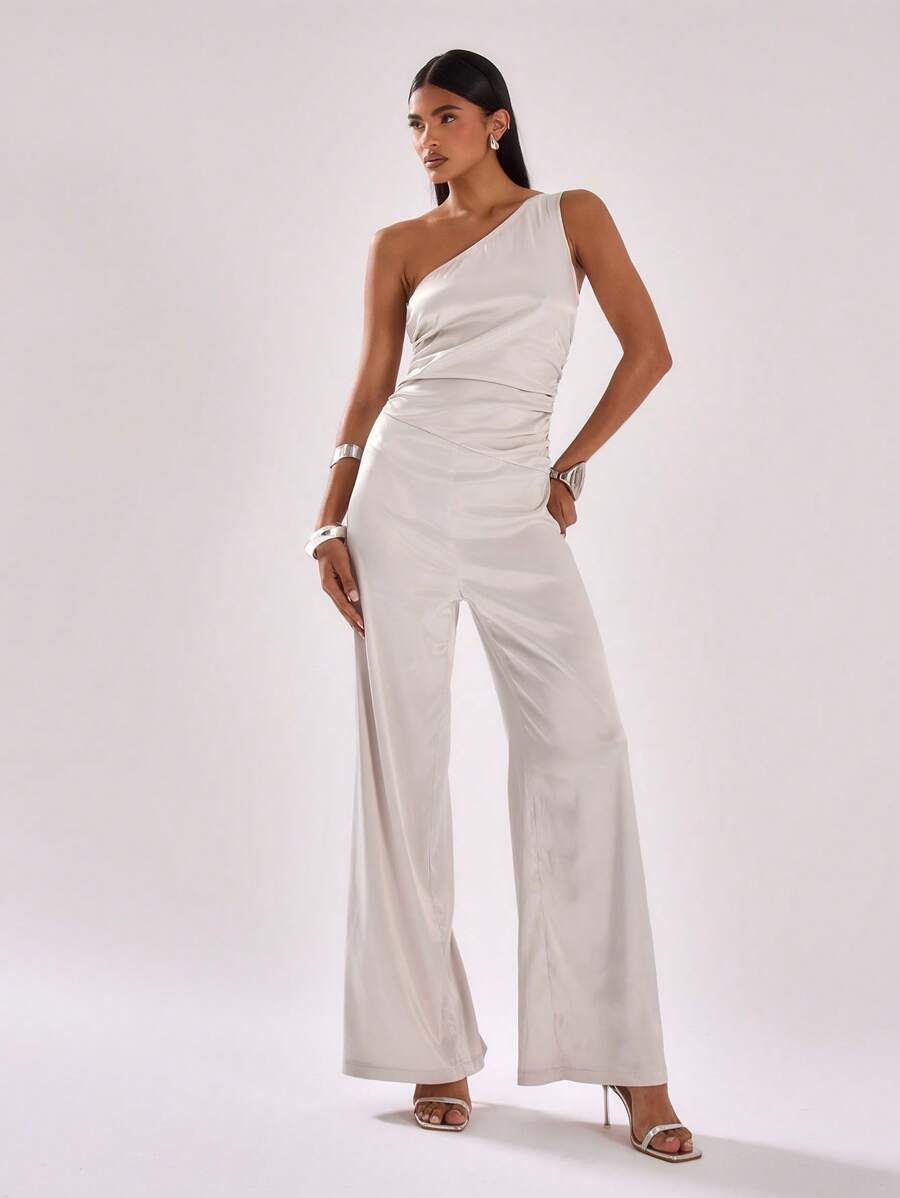 MUSERA 不对称领口阔腿连体裤，优雅毕业舞会婚礼宾客夏季婚礼派对复活节休闲装 - 杏色 - 查看 1
