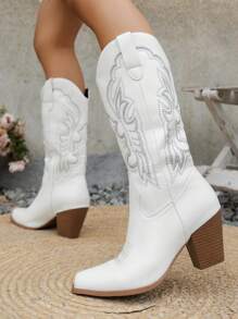 女士西部风格尖头中筒靴，刺绣粗跟牛仔靴 - 白色 - 查看 4