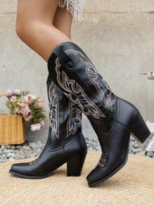 Fall/Winter 2025 Women's Western Cowboy Boots Pointed Toe Mid-Calf Booties Embroidered Chunky Heel Boots Fashion Boots - Black - View 6