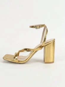 Giày sandal cao gót màu vàng ánh kim quyến rũ dành cho nữ mùa xuân/hè, kiểu dáng thanh lịch với mũi vuông và quai ngang mắt cá chân, gót dày. - Vàng - Xem 5