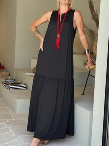 Women Casual Simple Versatile Beach Vacation Dress - Black - View 1