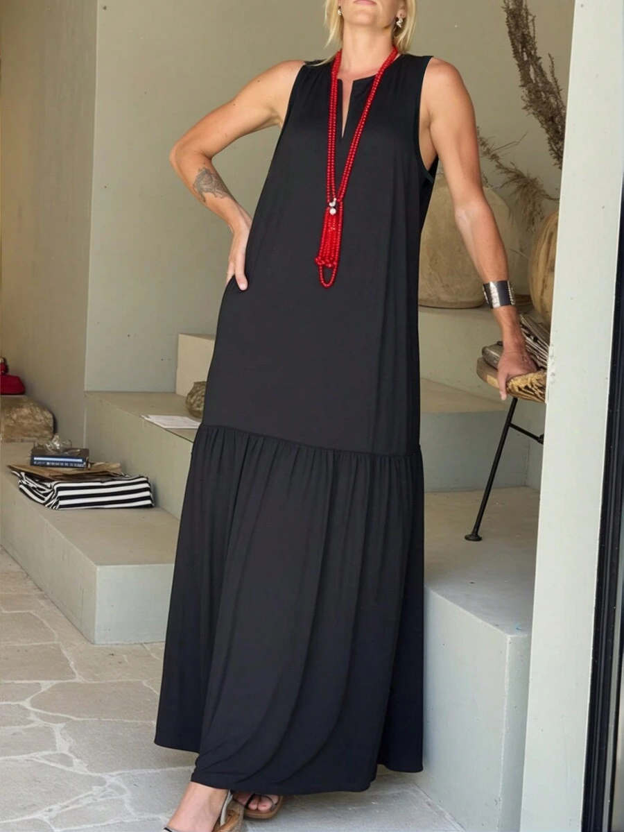 Women Casual Simple Versatile Beach Vacation Dress - Black - View 1