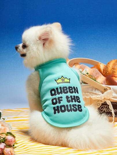 Debiesn Artist Queen Of The House Mint Green Cat & Dog Crown Letter Printed Comfortable Breathable Summer Cool Tank Top, 1pc, Holiday