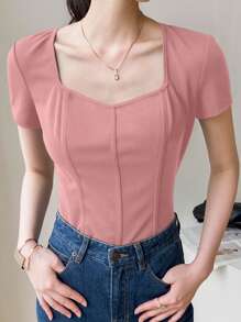 Mulvari Women's Summer Solid Color Sweetheart Neck Short Sleeve Casual T-Shirt