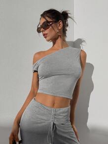 Aloruh Flower Gray Knitted Set, T-Shirt And Pants 2pcs - Grey - View 1