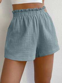 SHEIN EZwear 女裝休閒顯瘦純色荷葉邊沙灘短褲