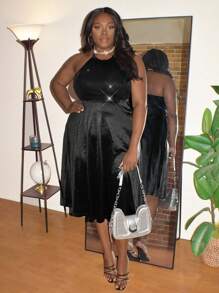 SHEIN Unity Damen Große Größen Kleid in einfacher, einfarbiger, offener Schulter-Stil geeignet für den täglichen Gebrauch