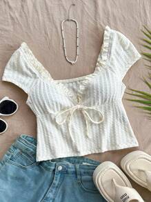 Soleia Camiseta ajustada de punto de textura sólida y dulce informal para mujer para verano, fiesta, vacaciones