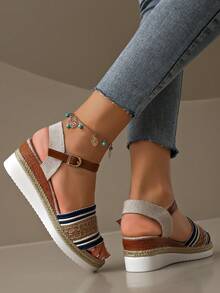 夏季彩色編織休閒海灘度假風格草編豆洲扣式鞋，帶有彩色楔形跟，女款，新款到貨 - 彩色 - 查看 6