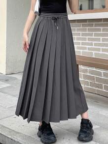 DAZY 纯色抽绳腰褶裙 - 灰色 - 查看 3