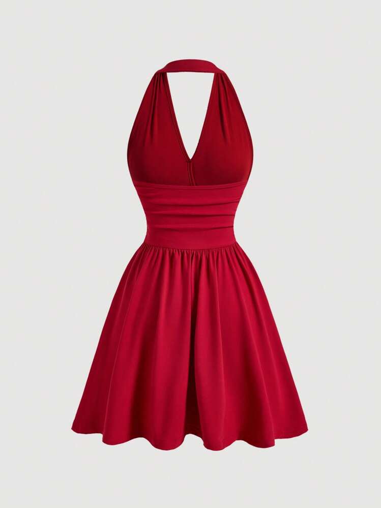 SHEIN MOD Solid Ruched Halter Dress For Summer,Red Halter Neck Backless Mini Dress For Wedding Guest, Party, Cocktail, Date Night, Holiday, Summer, Elegant, Soft Stretch Fabric, Sleeveless, Flared Skirt, Sexy, Youthful, Statement, Fit And Flare, Vibrant Color, Lightweight, Dancing, Romantic, Celebration, Event - Red - View 2