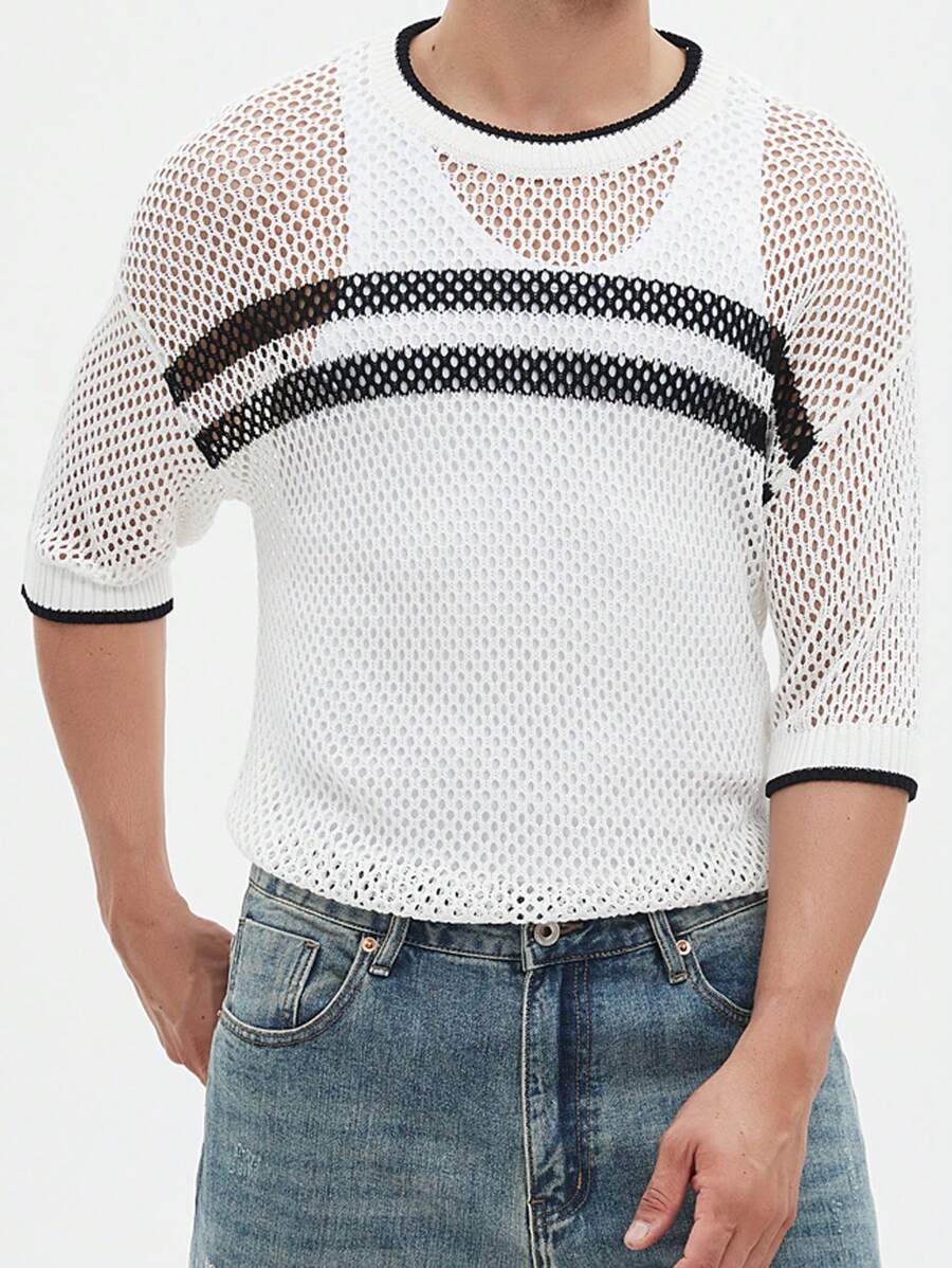 Manfinity Hypemode Men's Color Block Summer Casual Short Sleeve Hollow Knit Top - Black and White - View 1