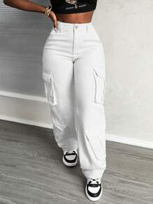 SHEIN Slayr Women's High-Waisted Straight Leg Jeans In White Workwear Style - White - View 3