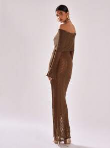 MUSERA 薄纱蕾丝长袖露肩翻领上衣长裙，适合度假、春夏海滩穿着，优雅婚礼宾客款 - 咖啡 - 查看 2