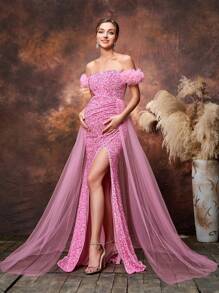 Maternity Off Shoulder Split Thigh Sequin Party Elegant Dress