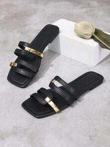 Dép xỏ ngón sọc vàng mùa hè mới dành cho nữ dành cho trang phục thường ngày, kỳ nghỉ, hàng ngày và đi biển, dép đế bằng thời trang - màu đen - Xem 3