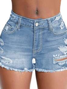 Mid-Waist Skinny Stretch Shorts - Distressed Frayed Hem, Showcasing Fashionable Style - Light Wash - View 5