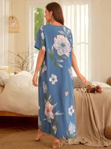 花卉印花蝙蝠袖睡衣长款睡裙 - 淺藍色 - 查看 2