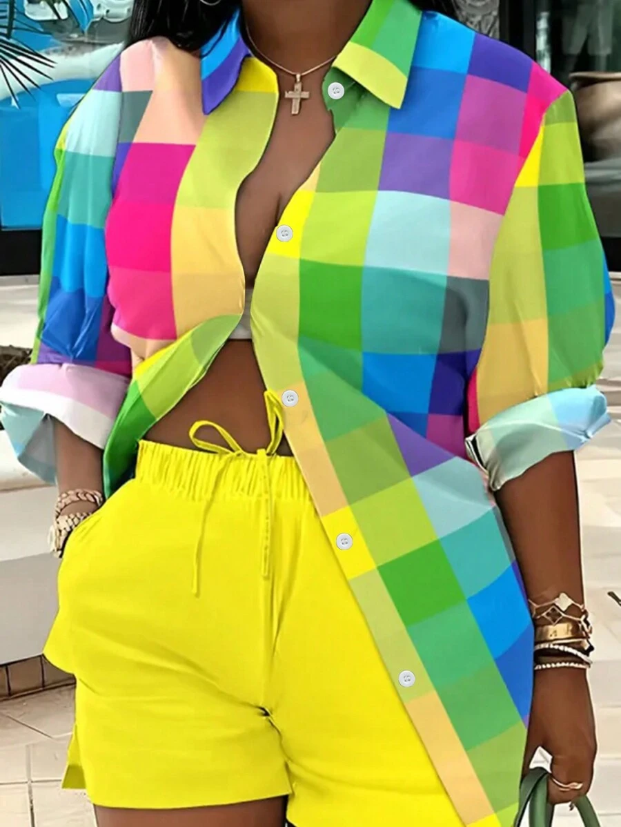 春夏秋欧美风女长袖格子印花翻领宽松衬衫+松紧腰印花短裤两件套 - 黃色 - 查看 1