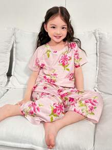 SHEIN Young Girl Casual And Comfortable Floral Pattern Short Sleeve Top & Long Pants Knit Flame Resistant Homewear Pajama Set - Baby Pink - View 1