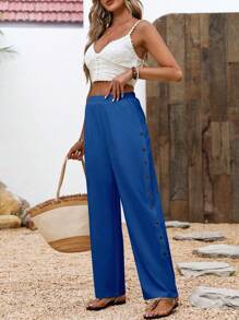 EMERY ROSE Pantalones largos cónicos informales para mujer con ajuste holgado, bolsillo lateral y decoración de botones