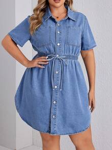SHEIN Essnce Women's Plus Size Simple Solid Color Short Sleeve Denim Dress For Daily Wear - Light Wash - View 5