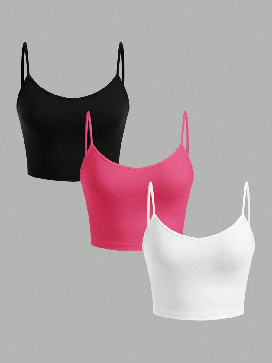 SHEIN EZwear 3入組女性短版緊身休閒背心，夏季適用 - 彩色 - 查看 1