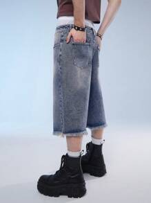 Manfinity Roghcode Quần short denim giản dị cho nam, phong cách đường phố - Rửa tối - Xem 2