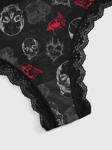ROMWE 3pcs Gothic Style Dark Skull Printed Lace Trimmed Narrow Edge Panties Set - Black - View 3