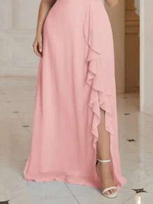 SHEIN Belle Plus Size Solid Color Spaghetti Strap Dress With Asymmetrical Ruffles And Side Slit, Elegant Bridesmaid Gown - Pink - View 6