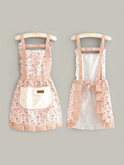 SHEIN Delantal floral de lujo para mujeres - Delantal de hornear elegante con bolsillos extra grandes, suave vestimenta de chef de cocina, idea de regalo de Navidad para ama de casa, accesorios de cocina del hogar en color rosa