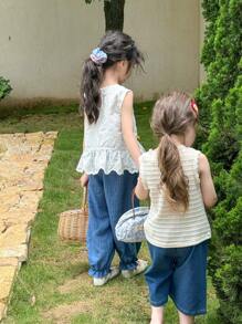 SHEIN Little Girls' Sleeveless Round Neck Burnt-Out Flower Top And Pants Set With Ruffled Hem - Multicolor - View 2