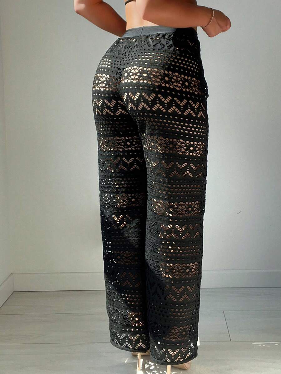 SHEIN Swim Summer Beach Hollow Out Knitted Loose Cover-Up Pants - Black - View 1