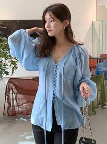 DAZY Women's Solid Color Tie Cuff Lantern Sleeve Elegant Blouse,Fall Women Clothes Long Sleeve Top - Blue - View 7