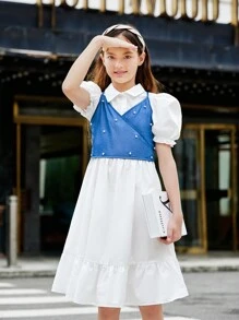 Váy thắt lưng màu trắng thanh lịch cho bé gái Tween với áo ba lỗ denim và bộ xếp lớp đính cườm - trắng - Xem 3