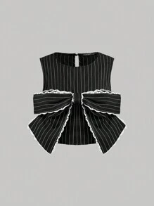 SHEIN MOD Women's Round Neck Black And White Striped Tank Top With Big Bow, Back To School Clothing, Bow Top, Going Out Top, Cute Tank Top - Black and White - View 1