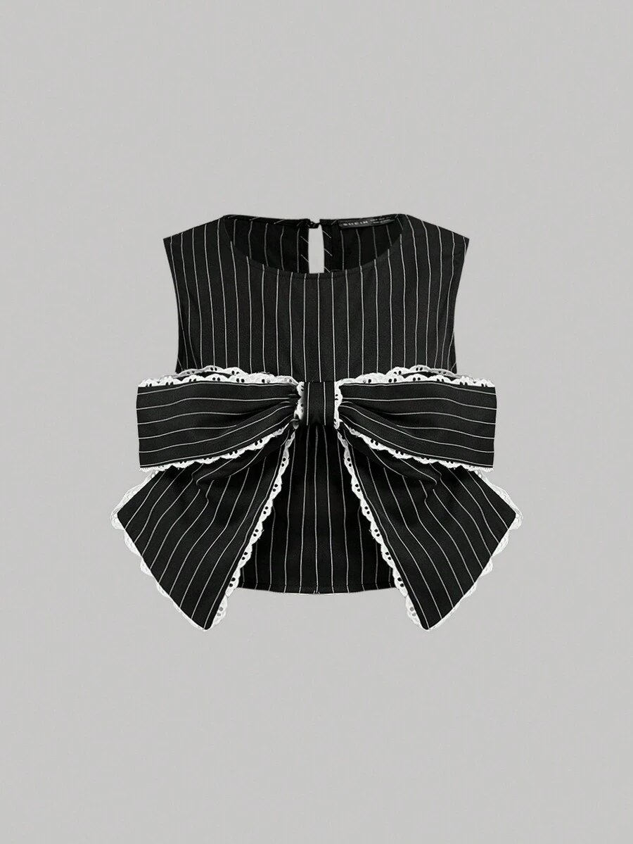SHEIN MOD Women's Round Neck Black And White Striped Tank Top With Big Bow, Back To School Clothing, Bow Top, Going Out Top, Cute Tank Top - Black and White - View 1