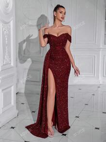 ADYCE Vestido de graduación, de fiesta de noche, de cóctel o de invitada de boda elegante y formal con hombros descubiertos, abertura lateral, cinta y fruncido en la cintura